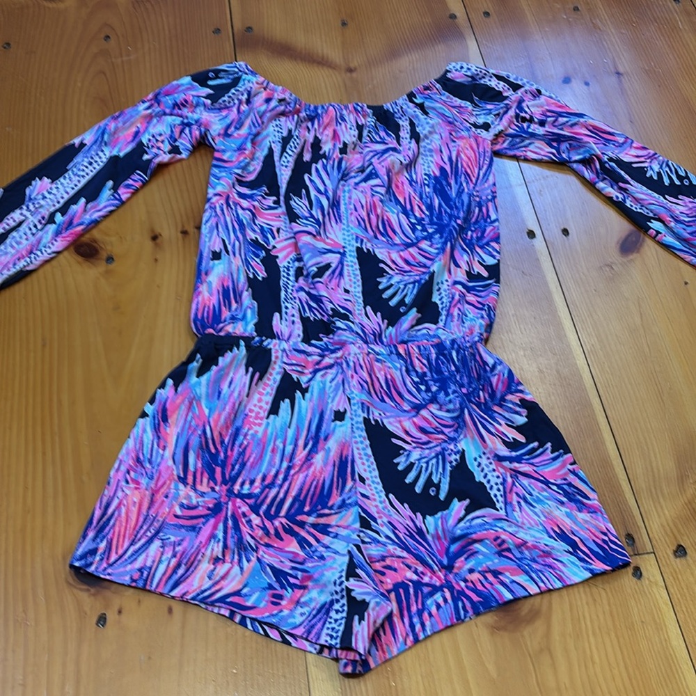 LILLY PULITZER XS Lana Off-Shoulder Romper Modal Palms Up Navy
